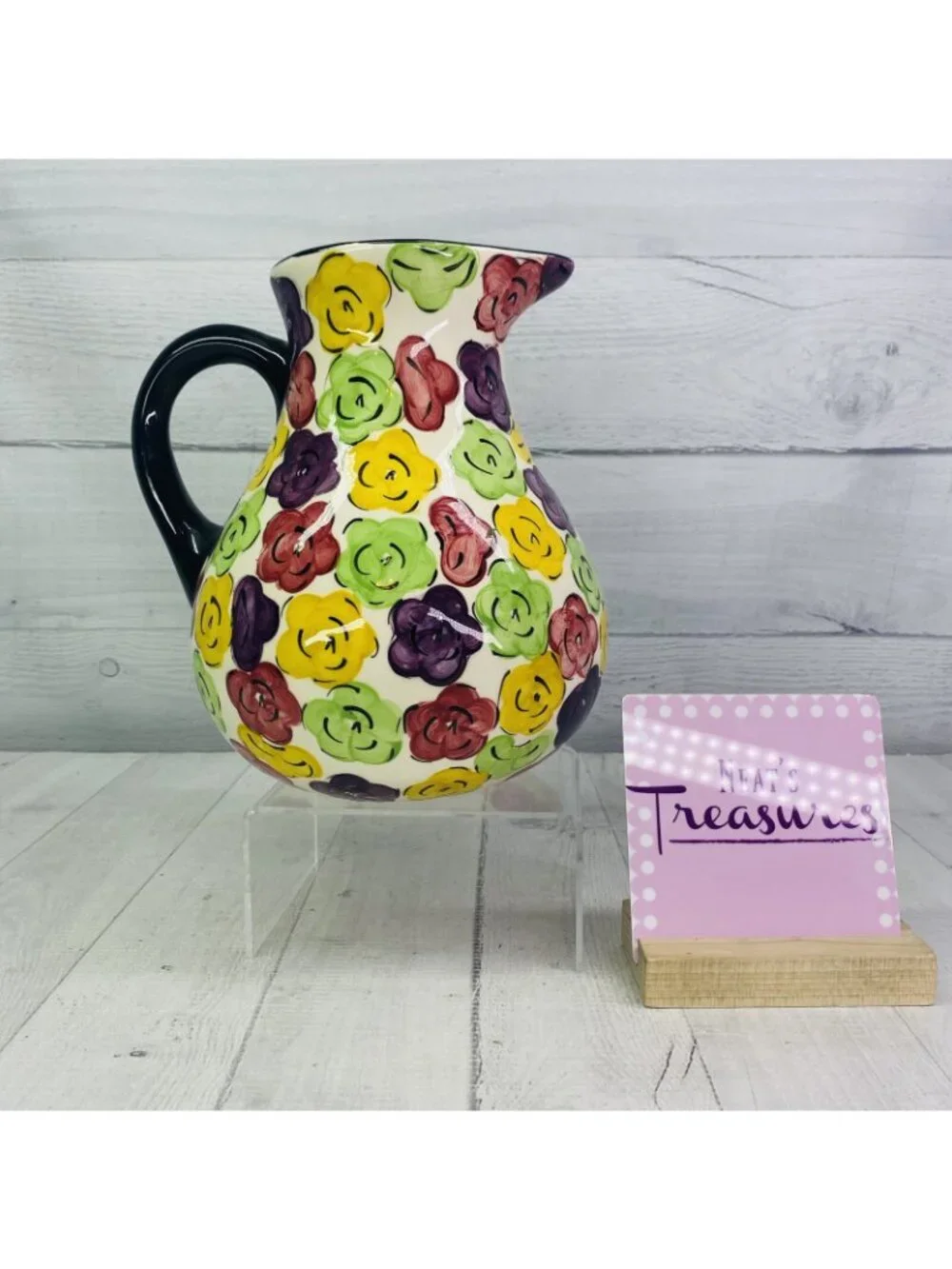 Pier 1 One MULTICOLORED FLORAL Black Trim Hand Painted Ceramic 80oz Pitcher